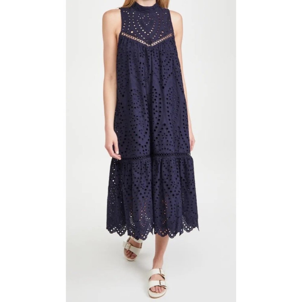 New Sussan Women’s Midi Dress Navy Blue Broderie Scallop Hem Cotton Size L 14 - Picture 2 of 10